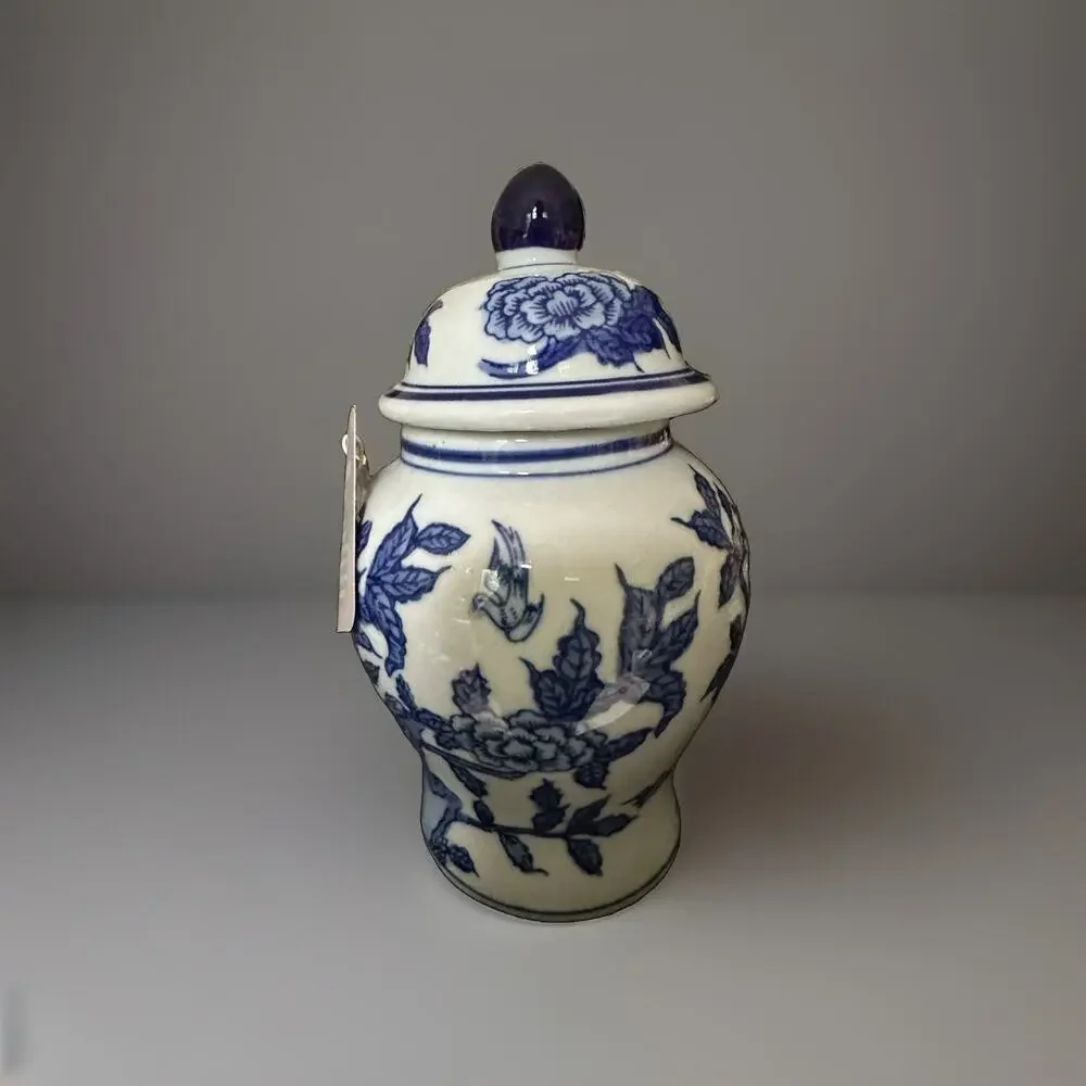 Blue & White Ceramic Rose Ginger Jar Vase Lid Decorative Chinoiserie NWT 8” Tall